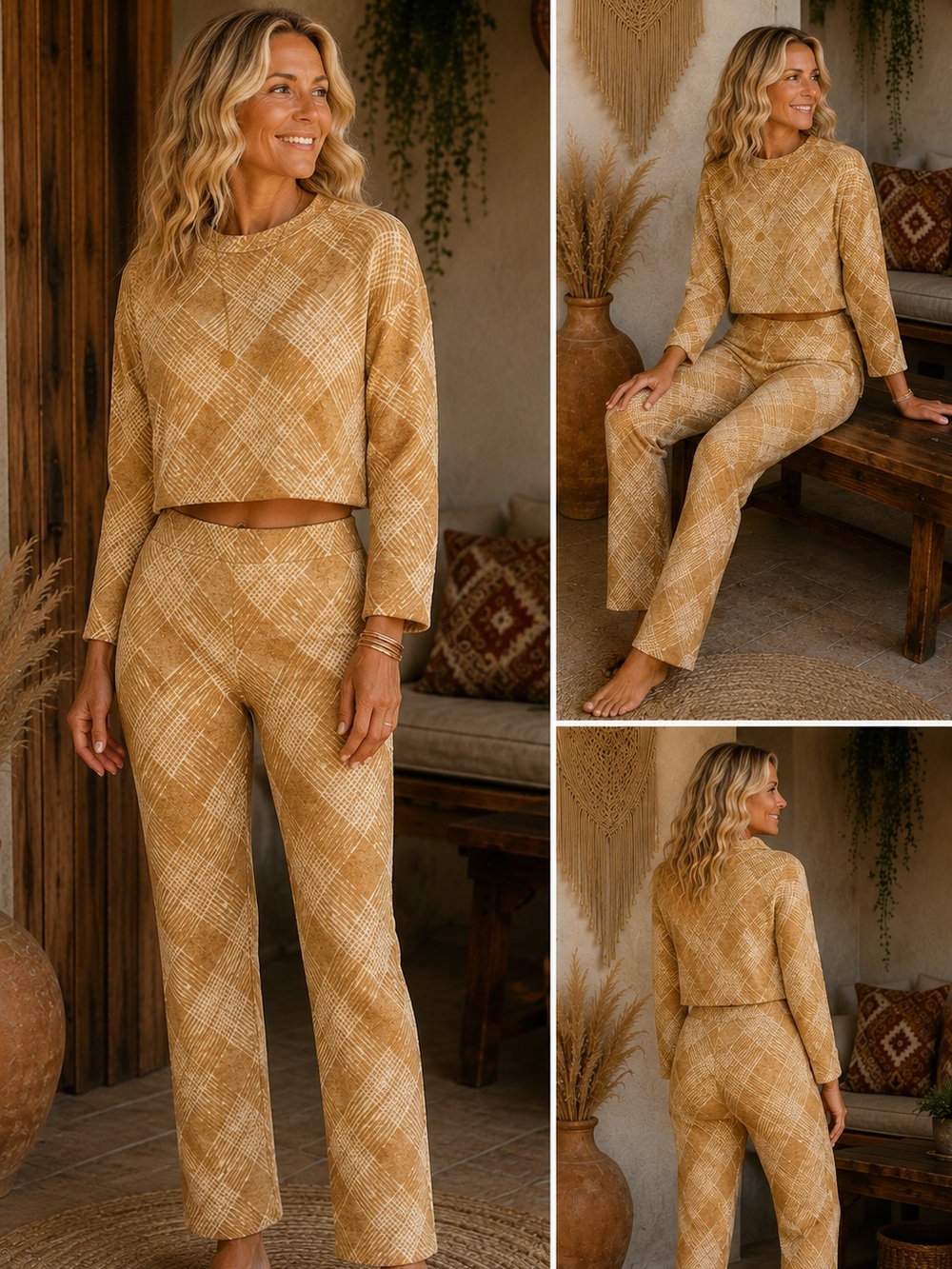 WinWin Mustard Plaid Knit Lounge Set